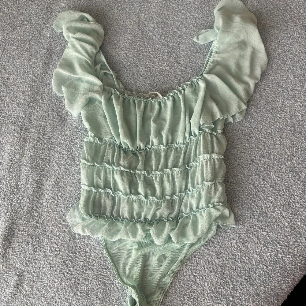 Free People Intimately Juliet Sheer Ruffle Bodysuit | Size M | Blue - Picture 3 of 6